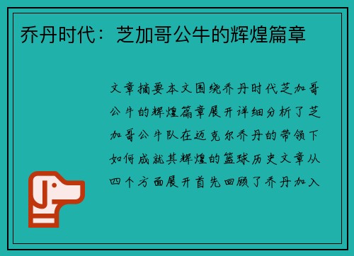 乔丹时代：芝加哥公牛的辉煌篇章