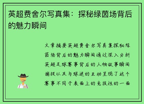 英超费舍尔写真集：探秘绿茵场背后的魅力瞬间