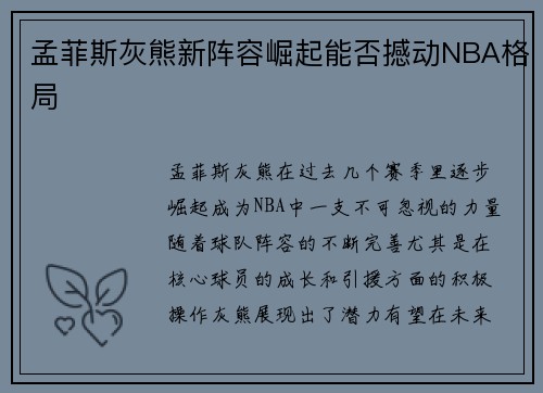 孟菲斯灰熊新阵容崛起能否撼动NBA格局